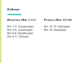 Doutrina (Rm 1-11)
Rm 1-3: Condenação
Rm 4-5: Justificação
Rm 6-8: Santificação
Rm 9-11: Eleição
Esboço
Prática (Rm 12-16)
Rm 12-15: Aplicação
Rm 16: Saudação
 