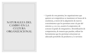 NATURALEZA DEL
CAMBIO EN LA
CULTURA
ORGANIZACIONAL
◦ A partir de esta premisa, las organizaciones que
quieren ser competitivas se mantienen en busca de la
excelencia, a través de la adquisición de nuevos
conocimientos que les permitan estar a la par del
entorno y, a su vez, asumir el compromiso de
conocer el grado de integración y diversificación de
competencias, de manera que puedan, utilizar las
herramientas que les permitan estructurar un
adecuado portafolio de productos y/o servicios
 