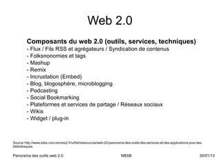 Web 2.0
         Composants du web 2.0 (outils, services, techniques)
         - Flux / Fils RSS et agrégateurs / Syndication de contenus
         - Folksnonomies et tags
         - Mashup
         - Remix
         - Incrustation (Embed)
         - Blog, blogosphère, microblogging
         - Podcasting
         - Social Bookmarking
         - Plateformes et services de partage / Réseaux sociaux
         - Wikis
         - Widget / plug-in



Source http://www.sites.univ-rennes2.fr/urfist/ressources/web-20-panorama-des-outils-des-services-et-des-applications-pour-les-
bibliotheques

Panorama des outils web 2.0                                             NBSB                                                 30/01/13
 