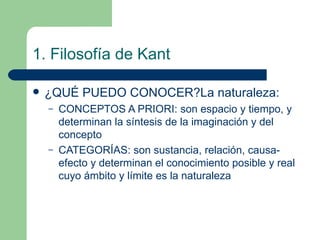 1. Filosofía de Kant ¿QUÉ PUEDO CONOCER?La naturaleza: CONCEPTOS A PRIORI: son espacio y tiempo, y determinan la síntesis de la imaginación y del concepto CATEGORÍAS: son sustancia, relación, causa-efecto y determinan el conocimiento posible y real cuyo ámbito y límite es la naturaleza 