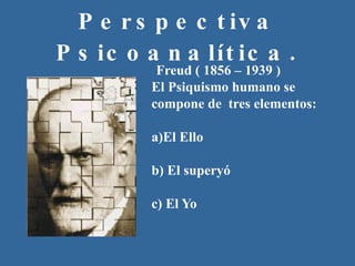Perspectiva Psicoanalítica . Freud ( 1856 – 1939 ) El Psiquismo humano se compone de  tres elementos: a)El Ello b) El superyó c) El Yo 
