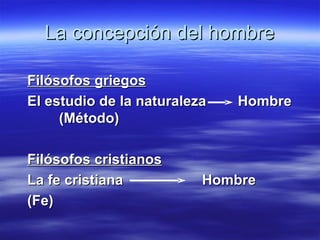 La concepción del hombre Filósofos griegos El estudio de la naturaleza  Hombre  (Método) Filósofos cristianos La fe cristiana  Hombre (Fe) 
