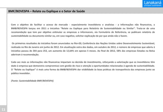 BMF/BOVESPA	
  –	
  Relate	
  ou	
  Explique	
  e	
  o	
  Setor	
  de	
  Saúde	
  

Com	
   o	
   obje&vo	
   de	
   facilitar	
   o	
   acesso	
   do	
   mercado	
   -­‐	
   especialmente	
   inves&dores	
   e	
   analistas	
   -­‐	
   a	
   informações	
   não	
   ﬁnanceiras,	
   a
	
  
BM&FBOVESPA	
   lançou	
   em	
   2011	
   a	
   inicia&va	
   “Relate	
   ou	
   Explique	
   para	
   Relatório	
   de	
   Sustentabilidade	
   ou	
   Similar”.	
   Trata-­‐se	
   de	
   uma
	
  
recomendação	
   que	
   tem	
   por	
   obje&vo	
   es&mular	
   as	
   empresas	
   a	
   informarem,	
   via	
   Formulário	
   de	
   Referência,	
   se	
   publicam	
   relatório	
   de
	
  
sustentabilidade	
  ou	
  documento	
  similar	
  ou,	
  em	
  caso	
  nega&vo,	
  solicitar	
  explicação	
  de	
  por	
  que	
  ainda	
  não	
  o	
  fazem.	
  
	
  
	
  Os	
  primeiros	
  resultados	
  da	
  inicia&va	
  foram	
  anunciados	
  na	
  Rio+20,	
  Conferência	
  das	
  Nações	
  Unidas	
  sobre	
  Desenvolvimento	
  Sustentável,
	
  
realizada	
  no	
  Rio	
  de	
  Janeiro	
  em	
  junho	
  de	
  2012.	
  Em	
  atualização	
  extra	
  dos	
  dados,	
  em	
  outubro	
  de	
  2012,	
  o	
  número	
  de	
  empresas	
  que	
  aderiu	
  à
	
  
inicia&va	
   passou	
   de	
   203	
   para	
   253,	
   um	
   aumento	
   de	
   12,64%	
   em	
   apenas	
   5	
   meses.	
   Ao	
   ﬁnal	
   de	
   2012,	
   58%	
   das	
   empresas	
   listadas	
   na	
   Bolsa
	
  
aderiram	
  à	
  recomendação.	
  
	
  	
  
Cada	
  vez	
  mais	
  as	
  informações	
  não	
  ﬁnanceiras	
  impactam	
  na	
  decisão	
  de	
  inves&mento,	
  reforçando	
  a	
  valorização	
  que	
  os	
  inves&dores	
  têm
	
  
dado	
  à	
  empresa	
  que	
  demonstra	
  compromisso	
  com	
  gestão	
  de	
  risco	
  e	
  atenção	
  a	
  oportunidades	
  relacionadas	
  à	
  agenda	
  de	
  sustentabilidade.
	
  
O	
  “Relate	
  ou	
  Explique”	
  é	
  mais	
  uma	
  forma	
  da	
  BM&FBOVESPA	
  dar	
  visibilidade	
  às	
  boas	
  prá&cas	
  de	
  transparência	
  das	
  empresas	
  junto	
  ao
	
  
público	
  inves&dor.	
  
	
  
(Fonte:	
  Sustentabilidade	
  BMF/BOVESPA)	
  

11	
  

 