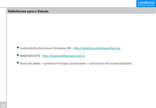 Referências para o Estudo

• 	
  Sustainability	
  Disclousure	
  Database	
  GRI	
  -­‐	
  hpp://database.globalreporIng.org	
  
• 	
  BM&FBOVESPA	
  -­‐	
  hpp://www.bmsovespa.com.br	
  
• 	
  Banco	
  de	
  dados	
  –	
  Lanakaná	
  Princípios	
  Sustentáveis	
  –	
  Consultoria	
  em	
  Sustentabilidade	
  

15	
  

 