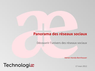 Panorama des réseaux sociaux

 Découvrir l'univers des réseaux sociaux



                      Adrien Honda-Bornhauser



                                 17 mars 2012
 