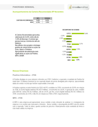 PANORAMA SEMANAL

Acompanhamento da Carteira Recomendada XP Novembro


                                    MÊS       SEMANA
     CARTEIRA RECOMENDADA          5,36%       0,22%
                      IBOV         6,14%       1,33%




                                                                         DESEMPENHO NA SEMANA

                                                                               EZTC3                        5,66%
   A Carteira Recomendada apresentou                                  -2,52%   POSI3
   valorização de 0,22% contra alta de
                                                                    -3,76%     MPXE3
   1,33% do Ibovespa. A semana que
   passou marcou o término da safra de                                  -2,44% BVMF3
   balanços.                                                                    ITSA4            3,31%
   Nos últimos cinco pregões o destaque
                                                                        -0,91% TBLE3
   positivo da carteira foram as ações da
   Eztec, Itaúsa e Petrobras.                                                  UGPA4         1,94%
   Apresentaram desvalorização mais                                     -1,01% GOAU4
   significativas as ações da Positivo,                                 -1,23% VALE5
   MPX e BVMF.
                                                                               PETR4             3,00%
                                                                                IBOV         1,33%




Nossas Empresas

Positivo Informática – 3T09

A Positivo divulgou os seus números referentes ao 3T09. Conforme o esperado o resultado da Positivo foi
muito bom. O balanço favorável já era esperado depois da prévia divulgada pela empresa, apresentando
dados de venda e receita que haviam surpreendido o mercado

A Positivo registrou recorde histórico de 528,5 mil PCs vendidos no 3T09, crescimento de 20,9% em relação
ao 3T08. A receita líquida totalizou R$ 642,9 milhões, crescimentos de 26,0%. A geração de caixa, medida
pelo EBITSA, somou R$ 65,4 milhões, alta de 24,5%. por fim, o lucro líquido totalizou R$ 59,1 milhões no
3T09, crescimentos de 4,9% e 386,3% em relação ao 3T08 e 2T09, respectivamente.

MPX - 3T09

A MPX é uma empresa pré-operacional, nesse sentido o mais relevante de analisar é o cronograma da
empresa e os eventos que marcaram o trimestre . Nesse sentido, o desempenho da MPX veio de acordo
com o esperado. Tanto as obras, quanto acordos de parceria e financiamento estão evoluindo de forma a
criar maior solidez na empresa
 