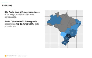 PANORAMA UX - saiba-mais.com
ESTADOS
São Paulo teve 57% das respostas, e
é, de longe, o estado com mais
participação.
Sant...