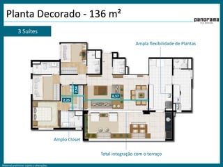 Material preliminar sujeito a alterações.
Planta Decorado - 136 m²
2,25
2,54
Amplo Closet
6,57
Total integração com o terraço
Ampla flexibilidade de Plantas
3 Suítes
 