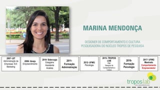 MARINA MENDONÇA
DESIGNER DE COMPORTAMENTO E CULTURA
PESQUISADORA DO NÚCLEO TROPOS DE PESQUISA
2007- UIT
Administração de
Empresas: Enf.
Marketing
2008- Varejo
Empreendimento
2010- Siderurgia
Estagiária
Assistente
Analista
2012- UFMG
Psicologia
2015- TROPOS
LAB
P&D
Designer de
Comportamento e
Cultura
2016-
Formação
Psicologia
2017- UFMG
Mestrado
Comportamento
Empreendedor
2011-
Formação
Administração
 