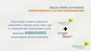 NÚCLEO TROPOS DE PESQUISA:
COMPORTAMENTO E CULTURA EMPREENDEDORES
Nossa missão é acelerar a geração de
conhecimento e aplicação prática sobre o que
é o empreender pós-contemporãneo e como
desenvolver HABILIDADES
empreendedoras de forma sistemática.
 