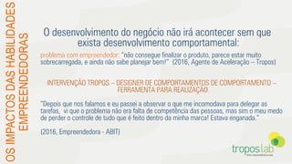 OSIMPACTOSDASHABILIDADES
EMPREENDEDORAS
O desenvolvimento do negócio não irá acontecer sem que
exista desenvolvimento comportamental:
problema com empreendedor: “não consegue ﬁnalizar o produto, parece estar muito
sobrecarregada, e ainda não sabe planejar bem!” (2016, Agente de Aceleração – Tropos)
INTERVENÇÃO TROPOS – DESIGNER DE COMPORTAMENTOS DE COMPORTAMENTO –
FERRAMENTA PARA REALIZAÇÃO
“Depois que nos falamos e eu passei a observar o que me incomodava para delegar as
tarefas, vi que o problema não era falta de competência das pessoas, mas sim o meu medo
de perder o controle de tudo que é feito dentro da minha marca! Estava enganada.”
(2016, Empreendedora - ABIT)
 