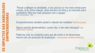 OSIMPACTOSDASHABILIDADES
EMPREENDEDORAS “Passei a delegar as atividades, e aos poucos eu tive mais tempo para
criação, já ﬁz outra coleção, duas sessões de fotos e já contratei outra
vendedora! Não tive mais estouros com a equipe.”
(2016, Empreendedora - ABIT)
Comportamentos também podem e devem ser medidos! (METAS CLARAS)
Alguns estarão desenvolvidos, outros não, e tem alta interação! (UM
PILAR AFETA O OUTRO)
Podemos criar as condições para que ele exista e se desenvolva,
mesmo em um processo de aceleração. (TECNOLOGIAS COMPORTAMENTAIS)
 