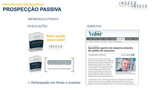 PUBLICAÇÕES IMPRENSA
+ Participação em feiras e eventos
ABORDAGEM PASSIVA
PROSPECÇÃO PASSIVA
PROSPECÇÃO DE NEGÓCIOS
 