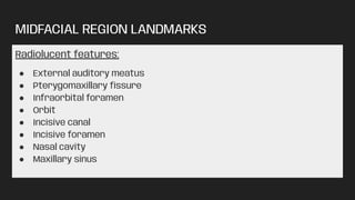MIDFACIAL REGION LANDMARKS
Radiolucent features:
● External auditory meatus
● Pterygomaxillary ﬁssure
● Infraorbital foramen
● Orbit
● Incisive canal
● Incisive foramen
● Nasal cavity
● Maxillary sinus
 