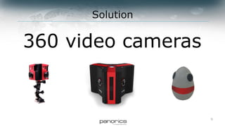 5
Solution
360 video cameras
 