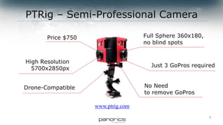 9
Full Sphere 360x180,
no blind spots
Just 3 GoPros required
Drone-Compatible
High Resolution
5700x2850px
No Need
to remove GoPros
Price $750
www.ptrig.com
PTRig – Semi-Professional Camera
 