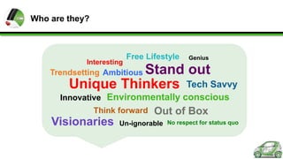 Who are they?

Interesting

Free Lifestyle

Genius

Stand out
Unique Thinkers Tech Savvy

Trendsetting Ambitious

Innovative Environmentally conscious
Think forward

Visionaries

Out of Box

Un-ignorable No respect for status quo

 