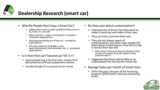 Dealership Research (smart car)
• Why Do People Don’t buy a Smart Car?
• Safety, their mind is made up before they come in:
its small, it’s not safe
• Space interior – come in looking for a 4 seater –
unrealistic expectations
• Wanting everything out of the car – unrealistic
expectations
• The entry level car $14,000 is very
basic/minimalistic (roll windows, etc..)– unrealistic
expectations

• Is it their first car? Second car? Or 3 +?
• Some people buy it for first time, mostly from
attractiveness of finance/payment scheme
• Usually though it’s a second car (or more)

• Do they care about customization?
• Characteristic of Smart Cars they want to
make it stand out and make it their own.
• They can fully customize their cars
• They are not always aware of
customizations, but when sales people tell
them about customization, they tend to like
it and do their own shit
• they come in because they are drawn to the
car but not aware of all the options they
could do with it

• Suggested that there will be little or no
customization for the Electric Smart Car

• Average Sales per month of Smart Cars
• 20 for the past, because of the financing
program ($99/month) and ease of parking
(icon)

 