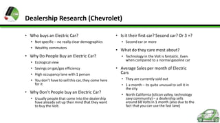 Dealership Research (Chevrolet)
• Who buys an Electric Car?
• Not specific – no really clear demographics
• Wealthy commuters

• Why Do People Buy an Electric Car?
• Ecological view
• Savings on gas/gas efficiency
• High occupancy lane with 1 person
• You don’t have to sell this car, they come here
for it

• Why Don’t People buy an Electric Car?
• Usually people that come into the dealership
have already set up their mind that they want
to buy the Volt.

• Is it their first car? Second car? Or 3 +?
• Second car or more

• What do they care most about?
• Technology in the Volt is fantastic. Even
when compared to a normal gasoline car

• Average Sales per month of Electric
Cars
• They are currently sold out
• 1 a month – its quite unusual to sell it in
the city
• North California (silicon valley, technology
savy community) – a dealership sells
around 68 Volts in 1 month (also due to the
fact that you can use the fast lane)

 