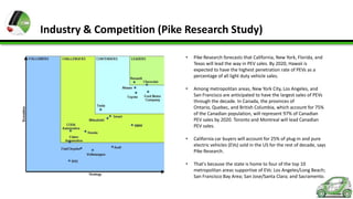 Industry & Competition (Pike Research Study)
•

Pike Research forecasts that California, New York, Florida, and
Texas will lead the way in PEV sales. By 2020, Hawaii is
expected to have the highest penetration rate of PEVs as a
percentage of all light duty vehicle sales.

•

Among metropolitan areas, New York City, Los Angeles, and
San Francisco are anticipated to have the largest sales of PEVs
through the decade. In Canada, the provinces of
Ontario, Quebec, and British Columbia, which account for 75%
of the Canadian population, will represent 97% of Canadian
PEV sales by 2020. Toronto and Montreal will lead Canadian
PEV sales.

•

California car buyers will account for 25% of plug-in and pure
electric vehicles (EVs) sold in the US for the rest of decade, says
Pike Research.

•

That's because the state is home to four of the top 10
metropolitan areas supportive of EVs: Los Angeles/Long Beach;
San Francisco Bay Area; San Jose/Santa Clara; and Sacramento.

 