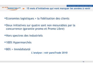 15 mois d’initiatives qui vont marquer les années à venir Economies logistiques + la fidélisation des clients Deux initiatives sur quatre sont non mesurables par la concurrence (garantie promo et Promo Libre) Hors spectres des industriels 100% Hypermarchés 80% = Immédiateté 15 mois d’initiative  (enfin !) qui aide à prévoir l’avenir? L’analyse : voir panoTrade 2010 