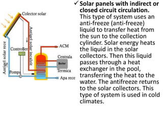 Solar panels with indirect or
closed circuit circulation.
This type of system uses an
anti-freeze (anti-freeze)
liquid to transfer heat from
the sun to the collection
cylinder. Solar energy heats
the liquid in the solar
collectors. Then this liquid
passes through a heat
exchanger in the pool,
transferring the heat to the
water. The antifreeze returns
to the solar collectors. This
type of system is used in cold
climates.
 