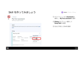 19
Skill を作ってみましょう
①
②
Intents → Entities → Dialog
19
My first skill
① サイドメニューからAssistantsを
選択し、My first assistantを選択
② Dialogのオプション選択して
Swap Skill を選択
③ 先ほど作成したSkillを選択
 