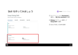 20
Skill を作ってみましょう
① サイドメニューからAssistantsを
選択し、My first assistantを選択
② Dialogのオプション選択して
Swap Skill を選択
③ 先ほど作成したSkillを選択
③
Intents → Entities → Dialog
20
 