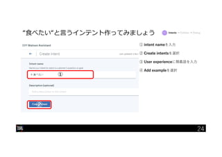24
“食べたい“と言うインテント作ってみましょう
①
②
① intent nameを入力
② Create intentsを選択
③ User experienceに類義語を入力
④ Add exampleを選択
Intents → Entities → Dialog
24
 
