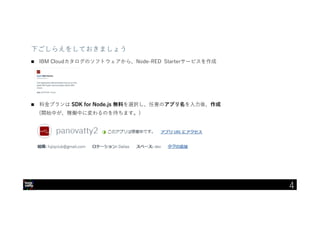 IBM Developer Advocacy 2019
下ごしらえをしておきましょう
 IBM Cloudカタログのソフトウェアから、Node-RED Starterサービスを作成
 料金プランは SDK for Node.js 無料を選択し、任意のアプリ名を入力後、作成
(開始中が、稼働中に変わるのを待ちます。)
4
 