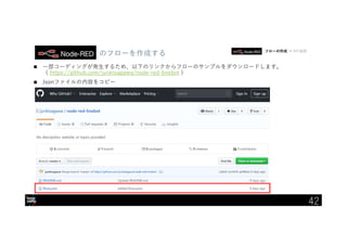 IBM Developer Advocacy 2019
のフローを作成する
 一部コーディングが発生するため、以下のリンクからフローのサンプルをダウンロードします。
（ https://github.com/junkisagawa/node-red-linebot ）
 Jsonファイルの内容をコピー
フローの作成 → API連携
42
 