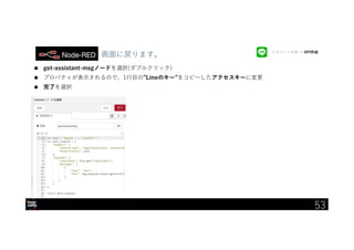 IBM Developer Advocacy 2019
画面に戻ります。
 get-assistant-msgノードを選択(ダブルクリック)
 プロパティが表示されるので、1行目の”Lineのキー”をコピーしたアクセスキーに変更
 完了を選択
アカウント作成 → API作成
53
 