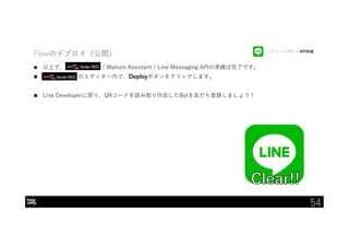 IBM Developer Advocacy 2019
Flowのデプロイ（公開）
 以上で、 / Watson Assistant / Line Messaging APIの準備は完了です。
 のエディター内で、Deployボタンをクリックします。
 Line Developerに戻り、QRコードを読み取り作成したBotを友だち登録しましょう！
アカウント作成 → API作成
54
 