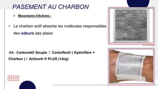 PASEMENT AU CHARBON
• Le charbon actif absorbe les molécules responsables
des odeurs des plaies
•EX : Carbonet® Souple / Carboflex® ( Hydrofibre +
Charbon ) / Actisorb ® PLUS (+Arg)
 Mecanisme d'Actions :
 