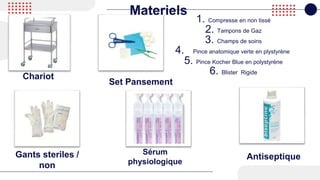 Gants steriles /
non
Chariot
Materiels
Set Pansement
1. Compresse en non tissé
2. Tampons de Gaz
3. Champs de soins
4. Pince anatomique verte en plystyrène
5. Pince Kocher Blue en polystyrène
6. Blister Rigide
Sérum
physiologique
Antiseptique
 