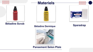 Pansement Selon Plaie
Bétadine Scrub
Materiels
Bétadine Dermique Sparadrap
 