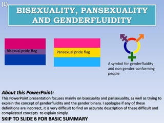 BISEXUALITY, PANSEXUALITY
AND GENDERFLUIDITY

Bisexual pride flag

Pansexual pride flag
A symbol for genderfluidity
and non gender-conforming
people

About this PowerPoint:
This PowerPoint presentation focuses mainly on bisexuality and pansexuality, as well as trying to
explain the concept of genderfluidity and the gender binary. I apologise if any of these
definitions are incorrect, it is very difficult to find an accurate description of these difficult and
complicated concepts to explain simply.

SKIP TO SLIDE 6 FOR BASIC SUMMARY

 