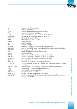 IMA            Instituto Mamíferos Aquáticos
IN             Instrução Normativa
INPA           Instituto Nacional de Pesquisas da Amazônia
IPÊ            Instituto de Pesquisas Ecológicas
IUCN           União Internacional para a Conservação da Natureza
LMA/INPA       Laboratório de Mamíferos Aquáticos do INPA
MMA            Ministério do Meio Ambiente
MPEG           Museu Paraense Emílio Goeldi
PARNA          Parque Nacional
PE             Parque Estadual
PM             Parque Municipal
PNUMA          Programa das Nações Unidas para o Meio Ambiente
PROBIO II      Projeto Nacional de Ações Integradas Público-Privada para Biodiversidade
PROCEMA        Projeto Cetáceos do Maranhão
RDS            Reserva de Desenvolvimento Sustentável
REBIO          Reserva Biológica
REMAB          Rede de Encalhe de Mamíferos Aquáticos do Brasil
REMANE         Rede de Encalhe de Mamíferos Aquáticos do Nordeste
REMANOR        Rede de Encalhe de Mamíferos Aquáticos do Norte




                                                                                          PEIXE-BOI-DA-AMAZÔNIA / PEIXE-BOI MARINHO
RESEX          Reserva Extrativista
SEMA-PA        Secretaria de Estado de Meio Ambiente do Pará
SSC/IUCN       Species Survival Commission - Comissão para a Sobrevivência das Espécies
               da IUCN
TAMAR/ICMBio   Centro Nacional de Pesquisa e Conservação de Tartarugas Marinhas
UERN           Universidade Estadual do Rio Grande do Norte
UFPB           Universidade Federal da Paraíba
UHE-Balbina    Usina Hidrelétrica de Balbina
ZOOFIT         Zoológico das Faculdades Integradas Tapajós
WCPA/IUCN      World Commission for Protected Areas (Comissão Mundial para as Áreas
               Protegidas da IUCN)




                          PLANO DE AÇÃO NACIONAL PARA A CONSERVAÇÃO DOS SIRÊNIOS
                                                                                             9
 