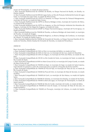 nicípio de Florianópolis, no estado de Santa Catarina;
                                            l. Base Avançada Multifuncional do CEMAVE de Brasília, no Parque Nacional de Brasília, em Brasília, no
                                            Distrito Federal;
                                            m. Base Avançada Multifuncional do RAN de Lagoa Santa, na Área de Proteção Ambiental do Carste de Lagoa
                                            Santa, no município de Lagoa Santa, no estado de Minas Gerais;
                                            n. Base Avançada Multifuncional do CEPTA no Pantanal, no Parque Nacional do Pantanal Matogrossense,
                                            município de Poconé, no estado de Mato Grosso;
                                            o. Base Avançada Multifuncional do CEPTA na Reserva Biológica União, município de Casemiro de Abreu,
                                            no estado do Rio de Janeiro;
                                            p. Base Avançada Multifuncional do CEPTA no Araguaia, na Área de Proteção Ambiental dos Meandros do
                                            Araguaia, município de São Miguel do Araguaia, no estado de Goiás;
                                            q. Base Avançada Multifuncional do CENAP no Parque Nacional do Iguaçu, município de Foz do Iguaçu, no
                                            estado do Paraná;
                                            r. Base Avançada Multifuncional do TAMAR de Pirambu, na Reserva Biológica de Santa Izabel, no município
                                            de Pirambu, no estado de Sergipe;
                                            s. Base Avançada Multifuncional do TAMAR de Regência, na Reserva Biológica de Comboios, no município
                                            de Linhares, no estado do Espírito Santo e
                                            t. Base Avançada Multifuncional do TAMAR de Fernando de Noronha, no Parque Nacional Marinho de Fer-
                                            nando de Noronha, Distrito Estadual de Fernando de Noronha, no estado de Pernambuco.


                                            ANEXO III

                                            Bases Avançadas Compartilhadas:
                                            a. Base Avançada Compartilhada do CMA no Pará, no município de Belém, no estado do Pará;
                                            b. Base Avançada Compartilhada do CMA em São Luis, no município de São Luis, estado do Maranhão;
                                            c. Base Avançada Compartilhada do CMA em Alagoas, no município de Porto das Pedras, no estado de Ala-
                                            goas;
                                            d. Base Avançada Compartilhada do CECAV no Rio Grande do Norte, no município de Natal, no estado do
                                            Rio Grande do Norte;
                                            e. Base Avançada Compartilhada do RAN no Mato Grosso do Sul, no município de Campo Grande, no estado
                                            do Mato Grosso do Sul;
                                            f. Base Avançada Compartilhada do TAMAR em Itajaí, no município de Itajaí, no estado de Santa Catarina,
                                            especializada em pesquisa e ações de conservação para as espécies ameaçadas do bioma marinho;
                                            g. Base Avançada Compartilhada do TAMAR da Praia de Pipa, no município de Tibau do Sul, no estado do
                                            Rio Grande do Norte;
PEIXE-BOI-DA-AMAZÔNIA / PEIXE-BOI MARINHO




                                            h. Base Avançada Compartilhada do TAMAR da Praia do Forte, no município de Mata de São João, no estado
                                            da Bahia;
                                            i. Base Avançada Compartilhada do TAMAR de Guriri, no município de São Mateus, no estado do Espírito
                                            Santo;
                                            j. Base Avançada Compartilhada do TAMAR de Ubatuba, no município de Ubatuba, no estado de São Paulo;
                                            k. Base Avançada Compartilhada do TAMAR na Barra da Lagoa, no município de Florianópolis, no estado de
                                            Santa Catarina;
                                            l. Base Avançada Compartilhada do TAMAR de Sitio do Conde, município de Conde, no estado da Bahia;
                                            m. Base Avançada Compartilhada do TAMAR de Costa do Sauipe, no município de Mata de São João, no
                                            estado da Bahia e
                                            n. Base Avançada Compartilhada do TAMAR em Povoação, município de Linhares, no estado do Espírito
                                            Santo.




 76                                         PLANO DE AÇÃO NACIONAL PARA A CONSERVAÇÃO DOS SIRÊNIOS
 
