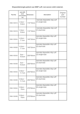 Part No
use with
(arm
circumstan
ce)
dimension
Original
part
number
DNB-10001A
3.3cm～
5.6cm
110*16mm
DNB-10001B
3.3cm～
5.6cm
110*16mm
DNB-10002A
4.2cm～
7.1cm
140*32mm
DNB-10002B
4.2cm～
7.1cm
140*32mm
DNB-10003A
5cm～
10.5cm
200*40mm
DNB-10003B
5cm～
10.5cm
200*40mm
DNB-10004A
6.9cm～
11.7cm
250*50mm
DNB-10004B
6.9cm～
11.7cm
250*50mm
DNB-10005A
8.9cm～
15cm
270*60mm
DNB-10005B
8.9cm～
15cm
270*60mm
neonate disposible nibp cuff
(5) dual tube
Disposible/single-patient use NIBP cuff; non-woven cloth material;
description
neonate disposible nibp cuff
(1) single tube
neonate disposible nibp cuff
(1) dual tube
neonate disposible nibp cuff
(2) single tube
neonate disposible nibp cuff
(2) dual tube
neonate disposible nibp cuff
(3) single tube
neonate disposible nibp cuff
(3) dual tube
neonate disposible nibp cuff
(4) single tube
neonate disposible nibp cuff
(4) dual tube
neonate disposible nibp cuff
(5) single tube
 