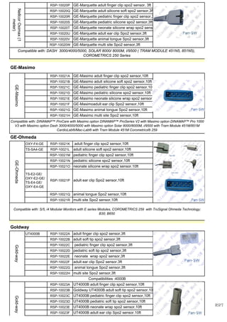 RSP-10020P
RSP-10020Q
RSP-10020R
RSP-10020S
RSP-10020T
RSP-10020U
RSP-10020V
RSP-10020W
RSP-10021A
RSP-10021B
RSP-10021C
RSP-10021D
RSP-10021E
RSP-10021F
RSP-10021G
RSP-10021H
OXY-F4-GE RSP-10021K
TS-SA4-GE RSP-10021L
RSP-10021M
RSP-10021N
RSP-10021O
TS-E2-GE/
OXY-E2-GE/
TS-E4-GE/
OXY-E4-GE
RSP-10021P
RSP-10021Q
RSP-10021R
UT4000B RSP-10022A
RSP-10022B
RSP-10022C
RSP-10022D
RSP-10022E
RSP-10022F
RSP-10022G
RSP-10022H
RSP-10023A
RSP-10023B
RSP-10023C
RSP-10023D
RSP-10023E
RSP-10023F
Compatibilities :4000B
Gold-way
UT4000B adult finger clip spo2 sensor,10ft
Goldway UT4000B adult soft tip spo2 sensor,10f
UT4000B pediatric finger clip spo2 sensor,10ft
UT4000B pediatric soft tip spo2 sensor,10ft
UT4000B neonate wrap spo2 sensor,10ft
UT4000B adult ear clip Spo2 sensor.10ft
adult soft tip spo2 sensor,3ft
pediatric finger clip spo2 sensor,3ft
pediatric soft tip spo2 sensor,3ft
neonate wrap spo2 sensor,3ft
adult ear clip Spo2 sensor.3ft
animal tongue Spo2 sensor,3ft
multi site Spo2 sensor,3ft
multi site Spo2 sensor,10ft
Compatible with: S/5, i4 Modular Monitors with E series Modules, COROMETRICS 259 with TruSignal Ohmeda Technology;
B30; B650
Goldway
Gold-way
adult finger clip spo2 sensor,3ft
GE-Ohmeda
adult finger clip spo2 sensor,10ft
adult silicone soft spo2 sensor,10ft
pediatric finger clip spo2 sensor,10ft
pediatric silicone spo2 sensor,10ft
neonate silicone wrap spo2 sensor.10ft
adult ear clip Spo2 sensor,10ft
animal tongue Spo2 sensor,10ft
GE-Masimoadult ear clip Spo2 sensor,10ft
GE-Masimo animal tongue Spo2 sensor,10ft
GE-Masimo multi site Spo2 sensor,10ft
Compatible with: DINAMAP™ ProCare with Masimo option DINAMAP™ ProSeries V2 with Masimo option DINAMAP™ Pro 1000
V3 with Masimo option Dash 3000/4000/5000 with Masimo option Solar 8000/8000M, i/9500 with Tram Module 451M/851M
CardioLab®/Mac-Lab® with Tram Module 451M Corometrics® 259
GE-Ohmeda
Compatible with: DASH 3000/4000/5000, SOLAR 8000/ 8000M, I/9500 ( TRAM MODULE 451N5, 851N5),
COROMETRICS 250 Series
GE-Masimo
GE-Masimo
GE-Masimo adult finger clip spo2 sensor,10ft
GE-Masimo adult silicone soft spo2 sensor,10ft
GE-Masimo pediatric finger clip spo2 sensor,10f
GE-Masimo pediatric silicone spo2 sensor,10ft
GE-Masimo neonate silicone wrap spo2 sensor.
GE-Marquette adult silicone soft spo2 sensor,3ft
GE-Marquette pediatric finger clip spo2 sensor,3
GE-Marquette pediatric silicone spo2 sensor,3ft
GE-Marquette neonate silicone wrap spo2 senso
GE-Marquette adult ear clip Spo2 sensor,3ft
GE-Marquette animal tongue Spo2 sensor,3ft
GE-Marquette multi site Spo2 sensor,3ft
NellcorOximax(1
meter)
GE-Marquette adult finger clip spo2 sensor, 3ft
RSP7
 