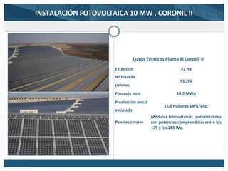 INSTALACIÓN FOTOVOLTAICA 10 MW , CORONIL II
Datos Técnicos Planta El Coronil II
Extensión 22 Ha
Nº total de
paneles
53.206
Potencia pico 10.2 MWp
Producción anual
estimada
15,8 millones kWh/año.
Paneles solares
Módulos fotovoltaicos policristalinos
con potencias comprendidas entre los
175 y los 280 Wp.
 