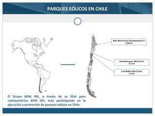 PARQUES EÓLICOS EN CHILE
New Wind Farms Developments in
Calama
Huentelauquen Wind Farm
40 MW
Los Molles Wind Farm
40 MW
El Grupo APIA XXI, a través de su filial para
Latinoamérica APIA IAC, está participando en la
ejecución y promoción de parques eólicos en Chile.
 