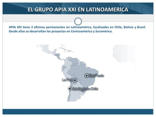 EL GRUPO APIA XXI EN LATINOAMERICAEL GRUPO APIA XXI EN LATINOAMERICA
APIA XXI tiene 3 oficinas permanentes en Latinoamérica, localizadas en Chile, Bolivia y Brasil.
Desde ellas se desarrollan los proyectos en Centroamérica y Suramérica.
 