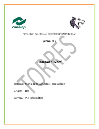 “COLEGIO NACIONAL DE EDUCACION PUBLICA”
(CONALEP )
Pantalla e Word
Elaboro: María de los Angeles Torre Juárez
Grupo: 102
Carrera: P.T informática