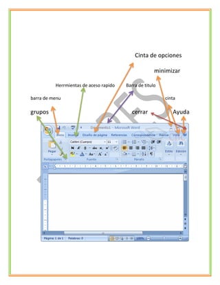 Cinta de opciones
minimizar
Herrmientas de aceso rapido Barra de titulo
barra de menu cinta
grupos cerrar Ayuda