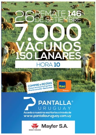 www.pantallauruguay.com.uy
Accedaanuestrosescritoriosatravésde
COMPRE a 90 DÍAS
ChequedeIndustriaFrigorífica.
Previa consulta-Banco Itaú
HORA 10
7.000VACUNOS
150 LANARES
REMATE 146
26DE SETIEMBRE
 