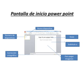 Pantalla de inicio power point
Nueva diapositiva
Numero de
diapositivas
Corrección
ortográfica
titulo
Subtitulo o
Para pegar
imagenes
 