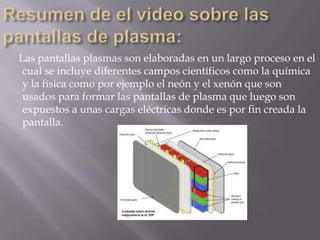 Las pantallas plasmas son elaboradas en un largo proceso en el
 cual se incluye diferentes campos científicos como la química
 y la física como por ejemplo el neón y el xenón que son
 usados para formar las pantallas de plasma que luego son
 expuestos a unas cargas eléctricas donde es por fin creada la
 pantalla.
 