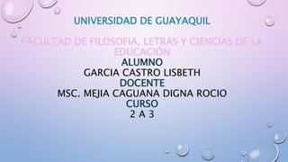 UNIVERSIDAD DE GUAYAQUIL
FACULTAD DE FILOSOFIA, LETRAS Y CIENCIAS DE LA
EDUCACIÓN
ALUMNO
GARCIA CASTRO LISBETH
DOCENTE
MSC. MEJIA CAGUANA DIGNA ROCIO
CURSO
2 A 3
 